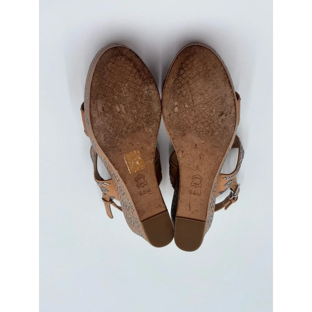 Tory Burch Reena Wedge‎ Sandals Womens 9.5M Tan Leather Embroidered Platform